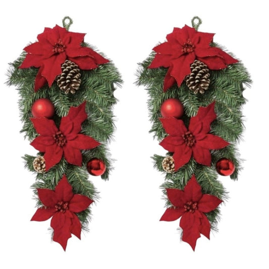 Christmas Wondershop Unlit Artificial Pine Swag Red Poinsettia, Ornaments 28"