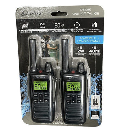 Cobra RX685 Walkie Talkies Two-Way Radios (Pair), 40-mile Range and 60 Channels with 121 Privacy Codes - IP54 Waterproof & NOAA Weather Alerts