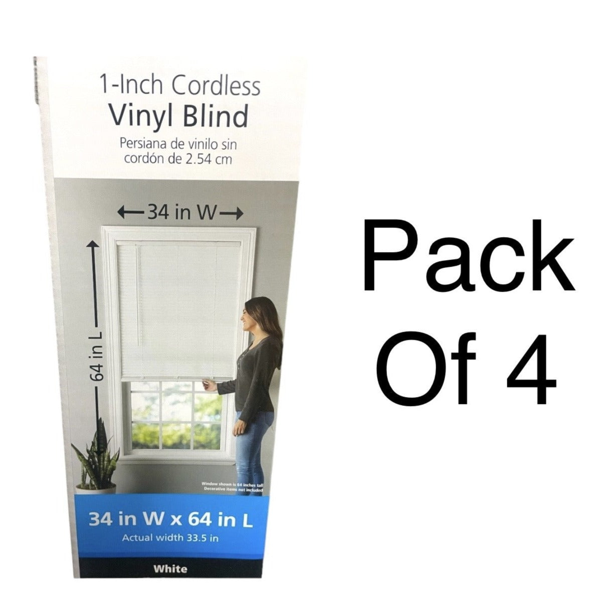 Mainstays Cordless 1 Inch Vinyl Light Filtering Blind, 34 In X 64 In, White - PACK OF 4