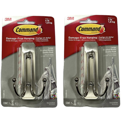 Lot Of 2 Command Decorative Large Double Wall Hooks, Brushed Nickel, Holds 4 Lb