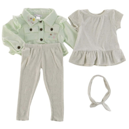 NWT Nannette Toddler Girls 3Pc Jacket Set With Headband, Size 2T Green Off White