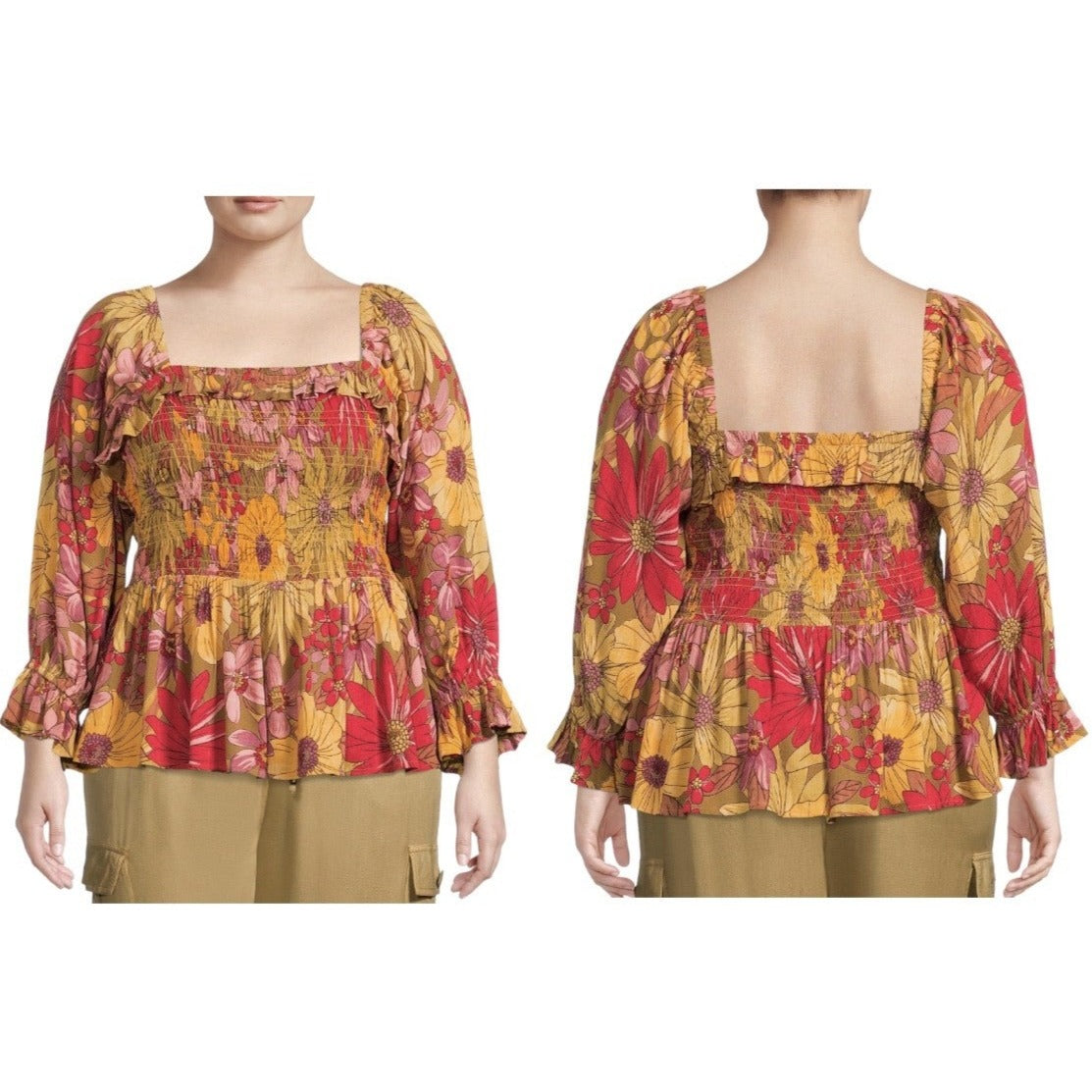 NWT Romantic Gypsy Women's Plus Size Square Neck Top Long Sleeve Floral, Size 4X