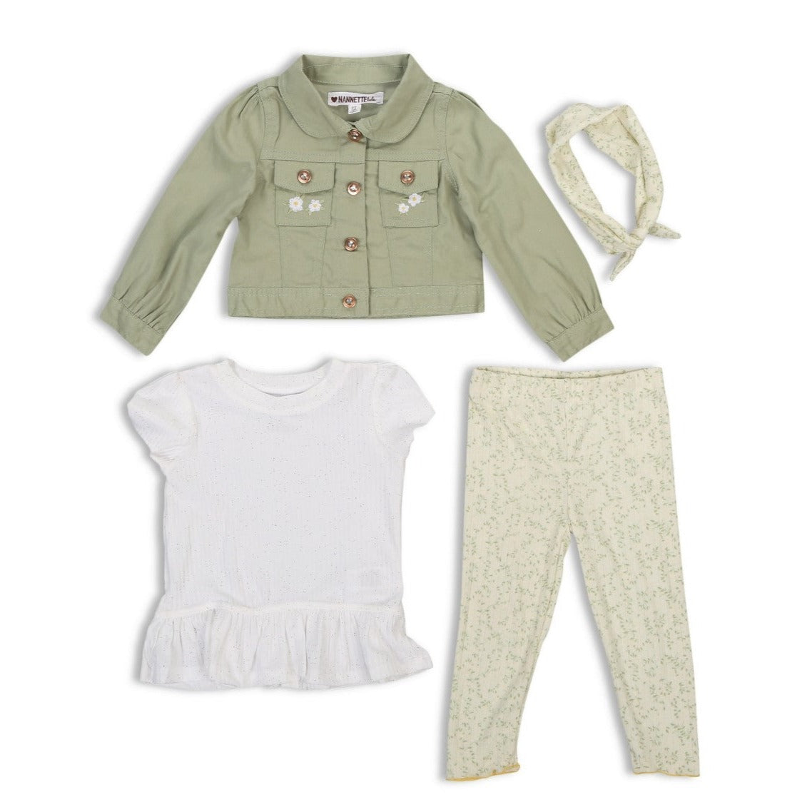 Nannette Toddler Girls 3Pc Jacket Set With Headband, Floral Pattern, Olive Green, Size 4T