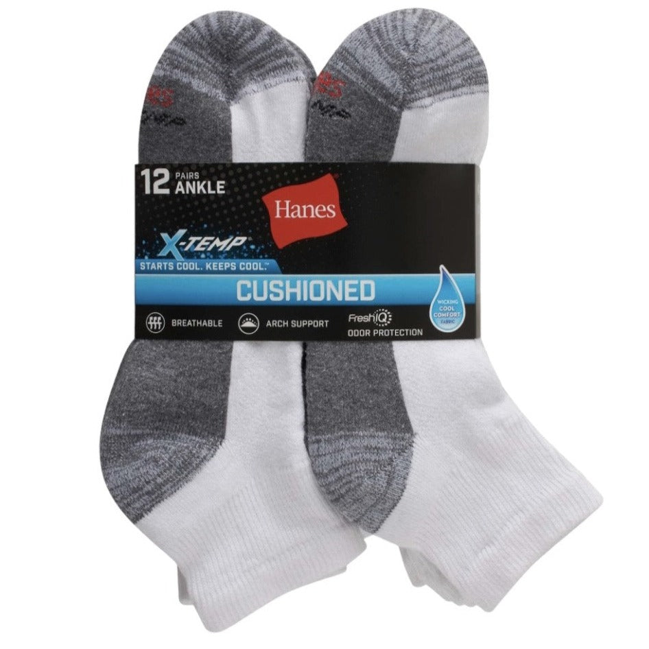 Hanes Mens X-Temp Ankle Cushioned Socks, White, 12-Pack, Size 6-12