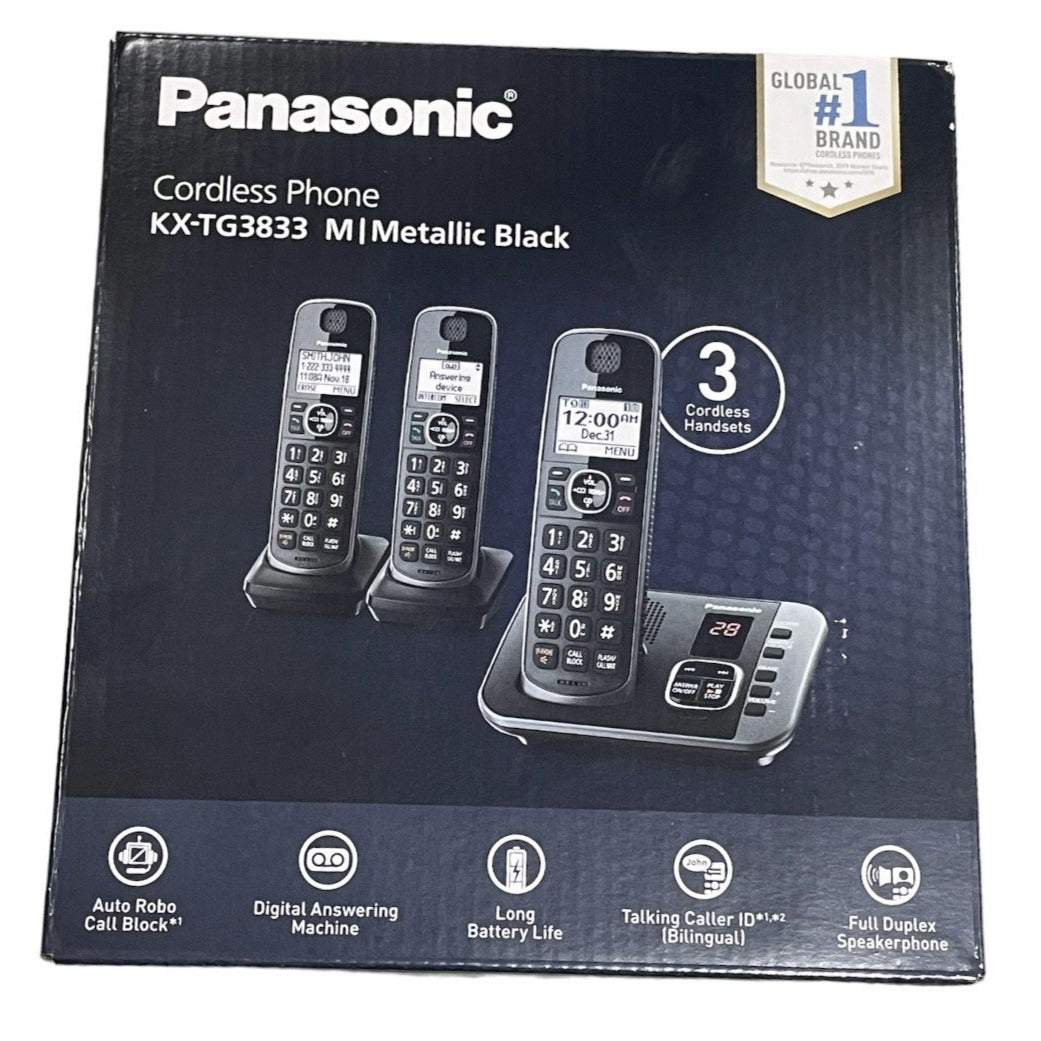 Panasonic KX-TG3833M 3-Handset Expandable Cordless Phone System With Answering System, Metallic Black