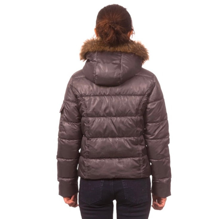 Pink Platinum Down Blend Lightweight Hooded Puffer Jacket With Faux Fur Rim, Gunmetal, JUNIORS Size Large