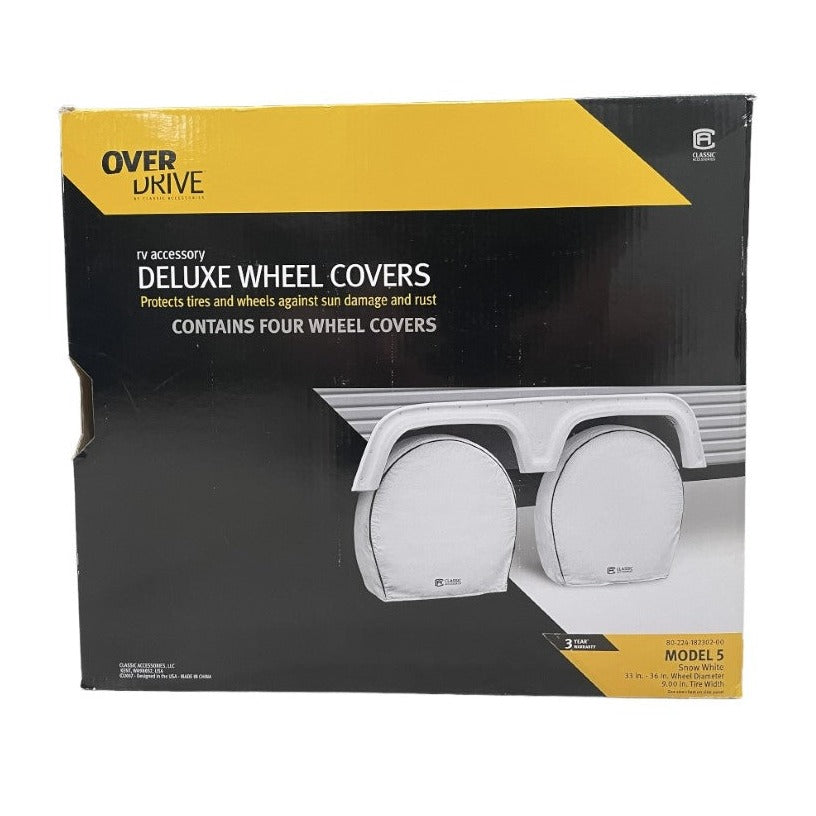 Over Drive RV Deluxe Wheel Cover, Model 5 Snow White 33-36 in Wheel Diameter, 9 in Tire Width - Pack Of 4