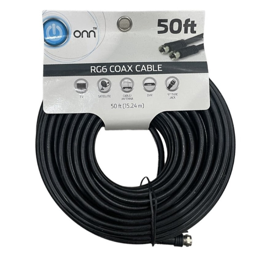 ONN RG6 Coax Cable 50 Feet For F Type Jacks, For TV Satellite Cable Antenna DVR, VCR , ONA16AV013