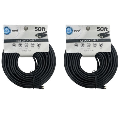 ONN RG6 Coax Cable 50 Feet For F Type Jacks, For TV Satellite Cable Antenna DVR, VCR , ONA16AV013 - 2 PACKS