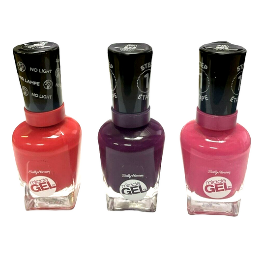Sally Hansen Miracle Gel Nail Polish No Light Needed 409 World Wide Red, 572 Wild For Violet And 309 Pink Up