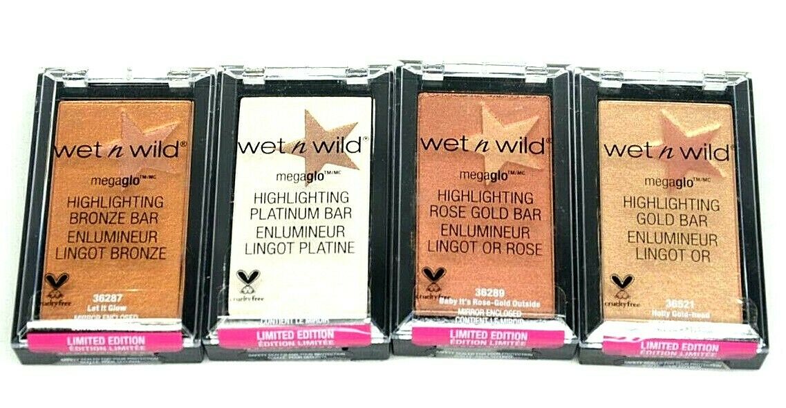 Shelf Pull Makeup Wet N Wild Megaglo Highlighting Bar Bronze, Platinum, Rose Gold & Gold - 100 Units